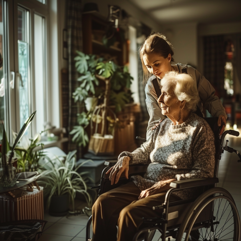 Pflegekraft mit Seniorin im Rollstuhl – Mythen über Pflege aus Osteuropa